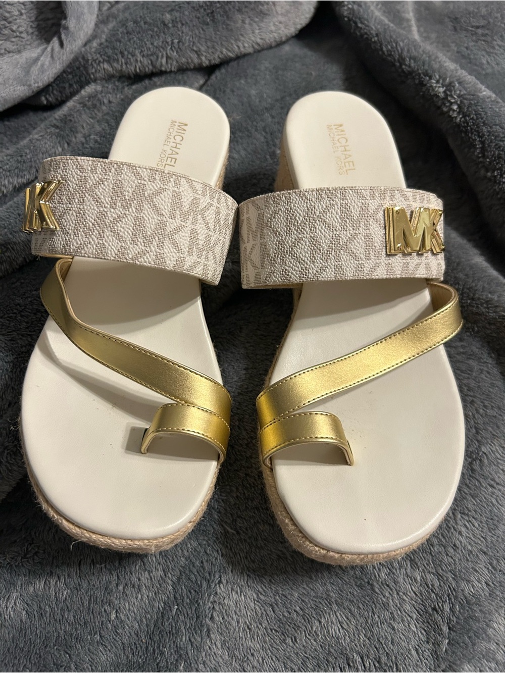 Michael Kors Beige Monogram & Gold Strap Slide Wedges